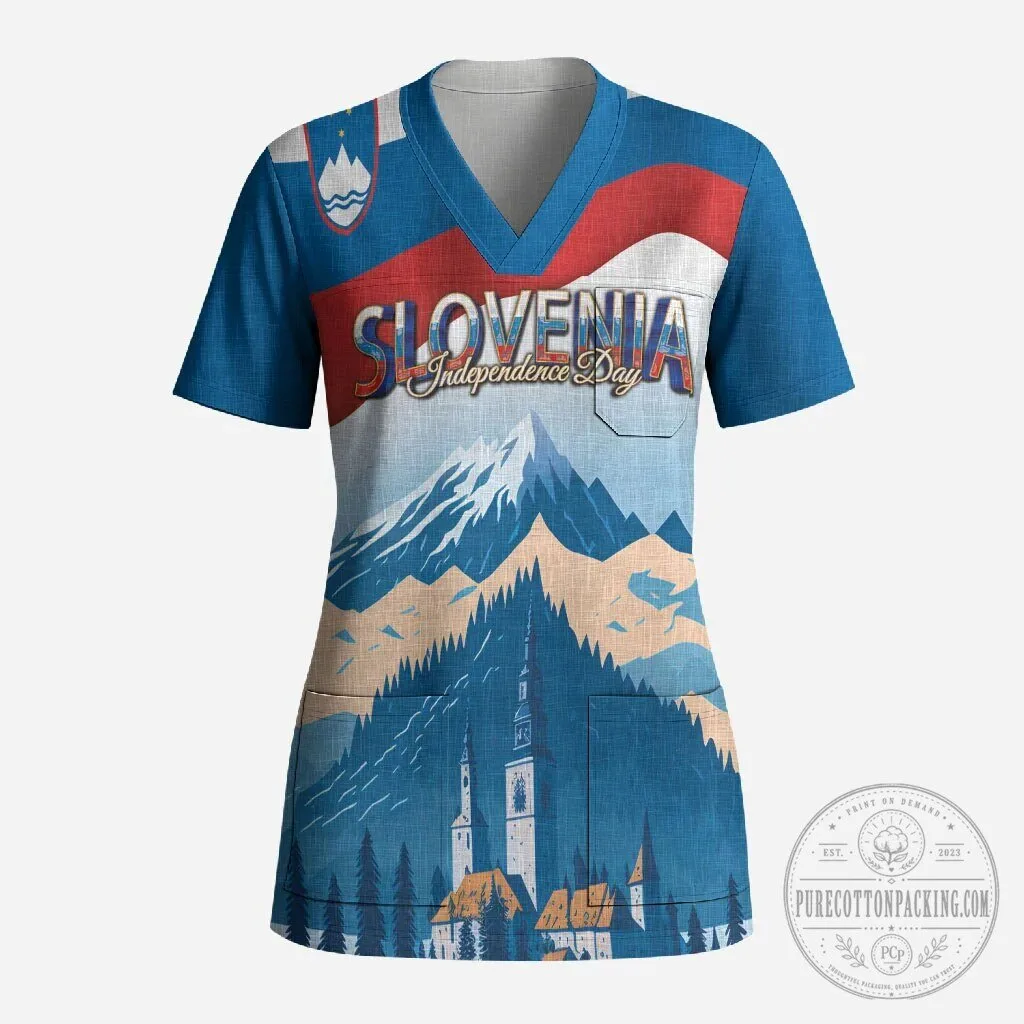 Slovenia Independence Day Lake Bled Julian Alps Landscape V-Neck Scrub Top 4 Slovenia Independence Day Lake Bled Julian Alps Landscape V-Neck Scrub Top