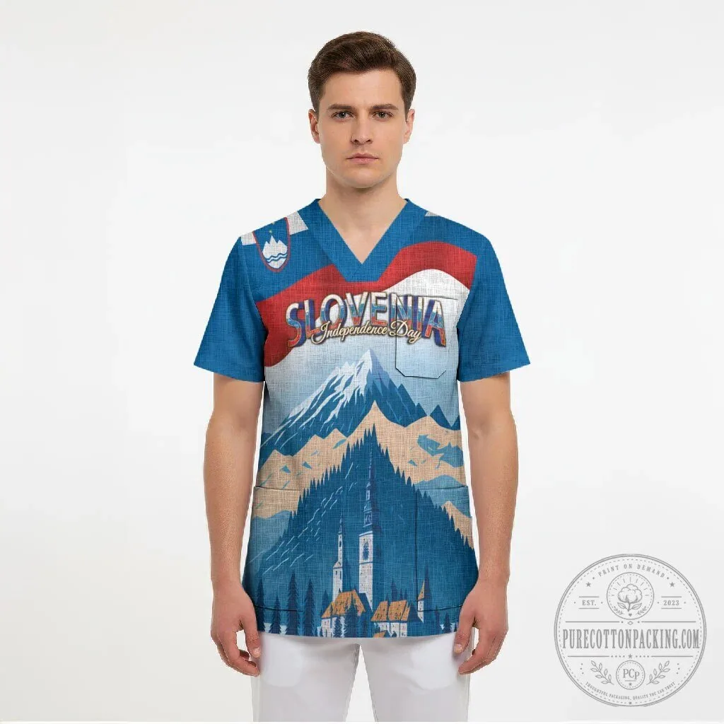 Slovenia Independence Day Lake Bled Julian Alps Landscape V-Neck Scrub Top 7 Slovenia Independence Day Lake Bled Julian Alps Landscape V-Neck Scrub Top