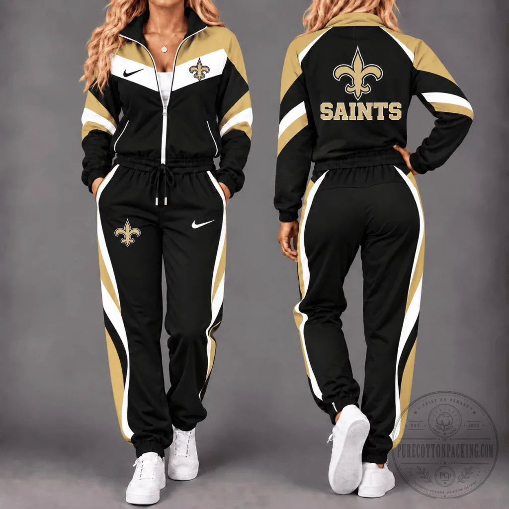 New Orleans Saints NFL Team Black Gold White Striped Tracksuit Zip-Up Jacket and Pants Set New Orleans Saints NFL Team Black Gold White Striped Tracksuit Zip-Up Jacket and Pants Set