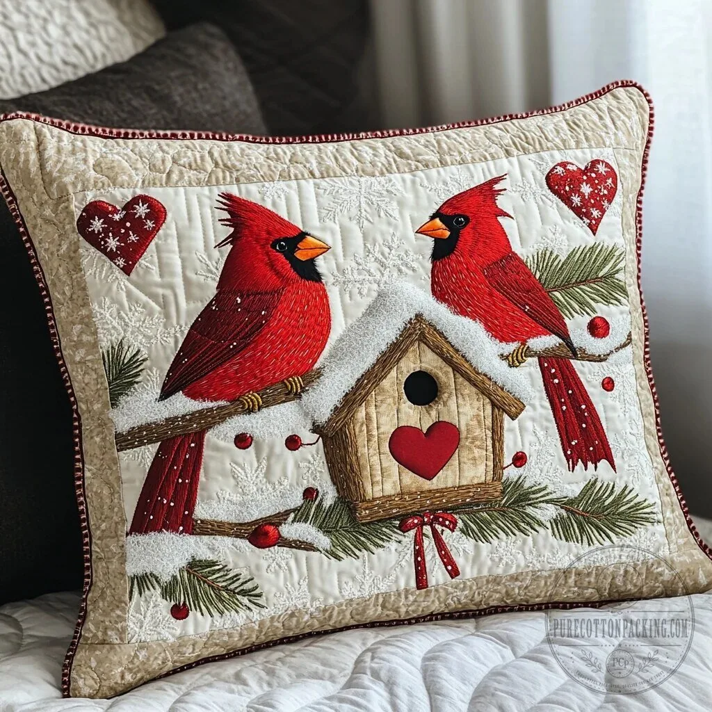 Winter Cardinal Birds and Birdhouse Quilted Pillow