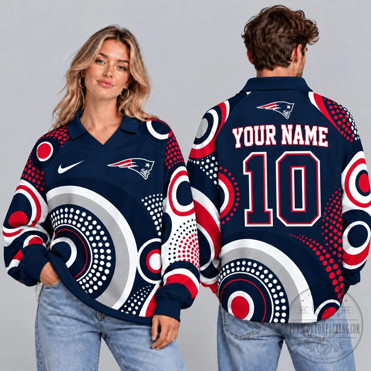 New England Patriots Custom Name Number Geometric Circle Print Long Sleeve Polo Shirt