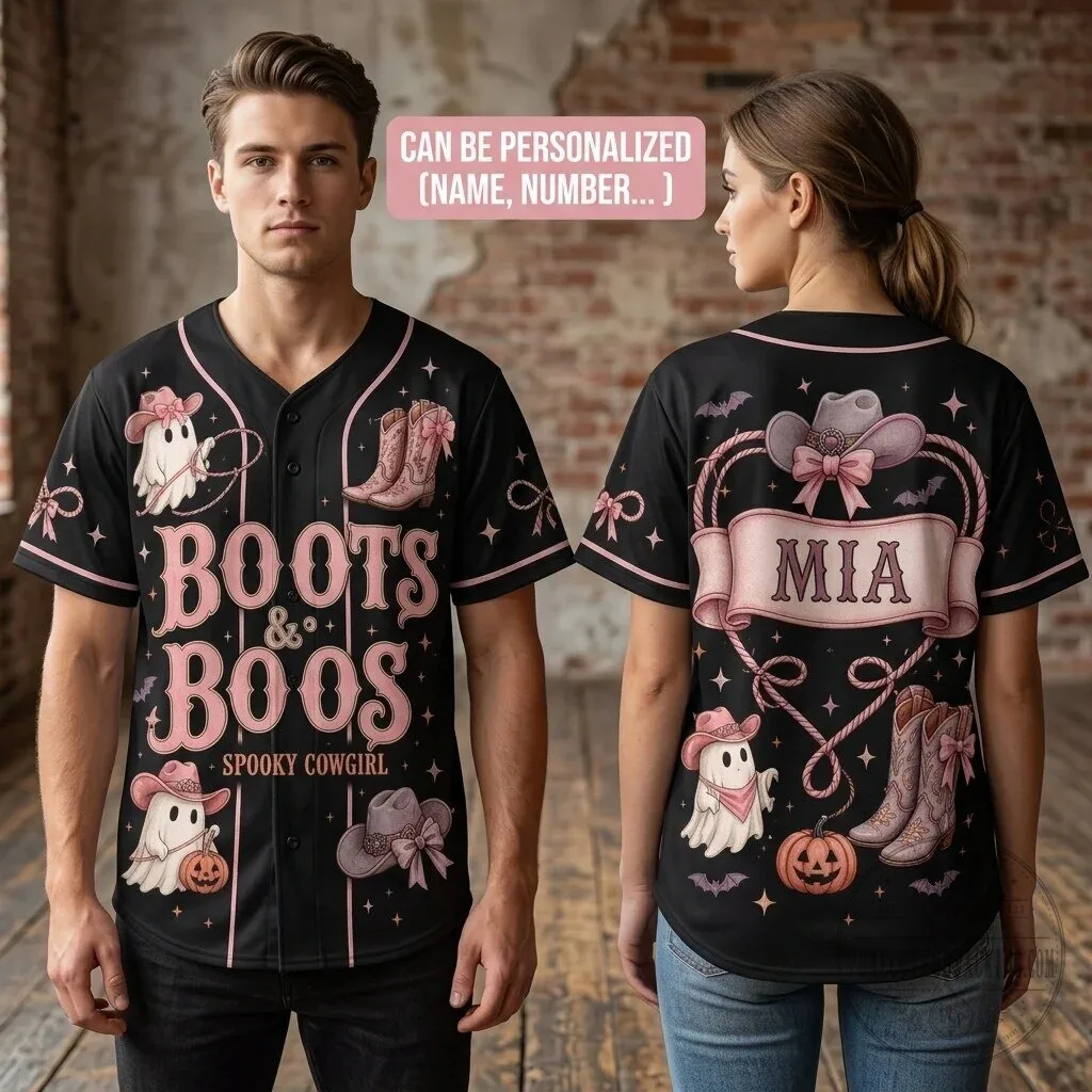 Western Boots and Boos Spooky Cowgirl Halloween Baseball Jersey