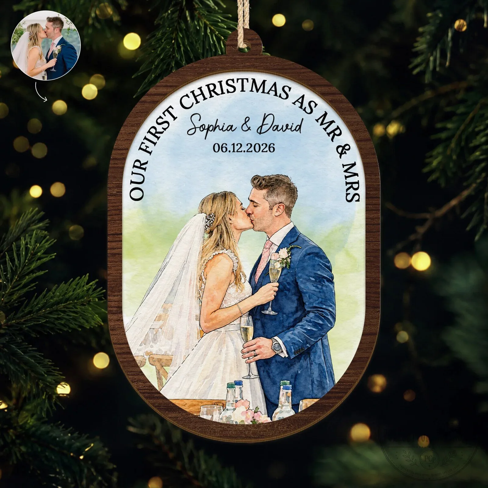 Our First Christmas As Mr & Mrs Personalized Wedding Photo Wood Ornament