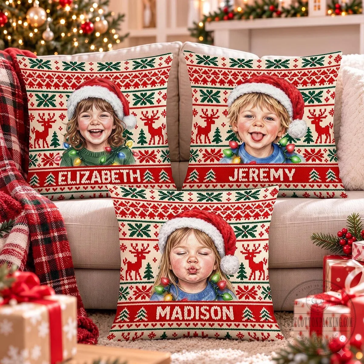 Personalized Kids Photo Christmas Ugly Sweater Pattern Throw Pillow