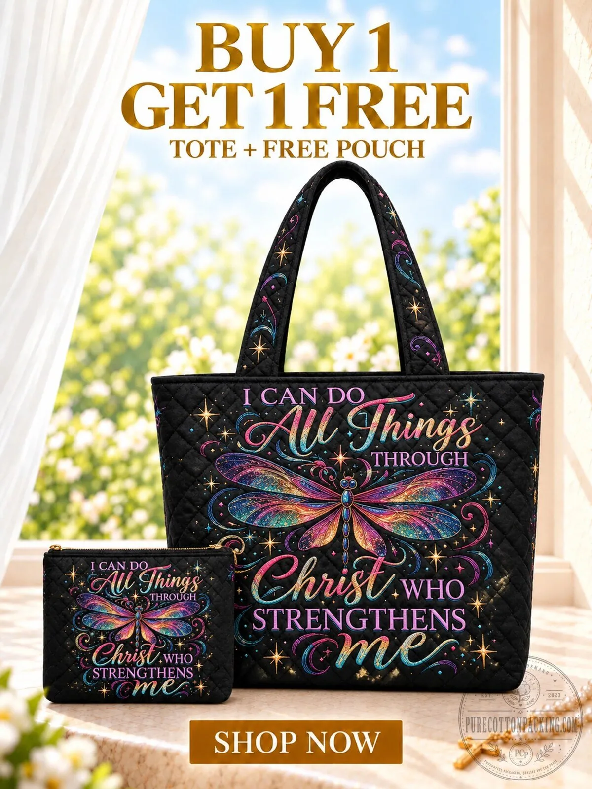 I Can Do All Things Through Christ Who Strengthens Me Dragonfly Quilted Tote Bag