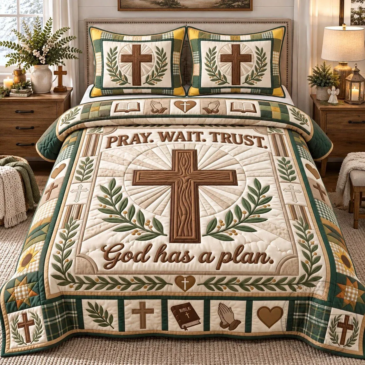 Pray Wait Trust God Has A Plan Christian Cross Olive Branch Quilted Bedding Set