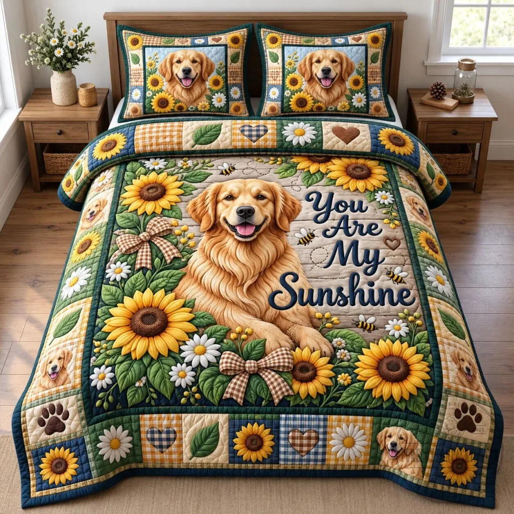 Golden Retriever Dog You Are My Sunshine Sunflower Quilted Bedding Set Golden Retriever Dog You Are My Sunshine Sunflower Quilted Bedding Set