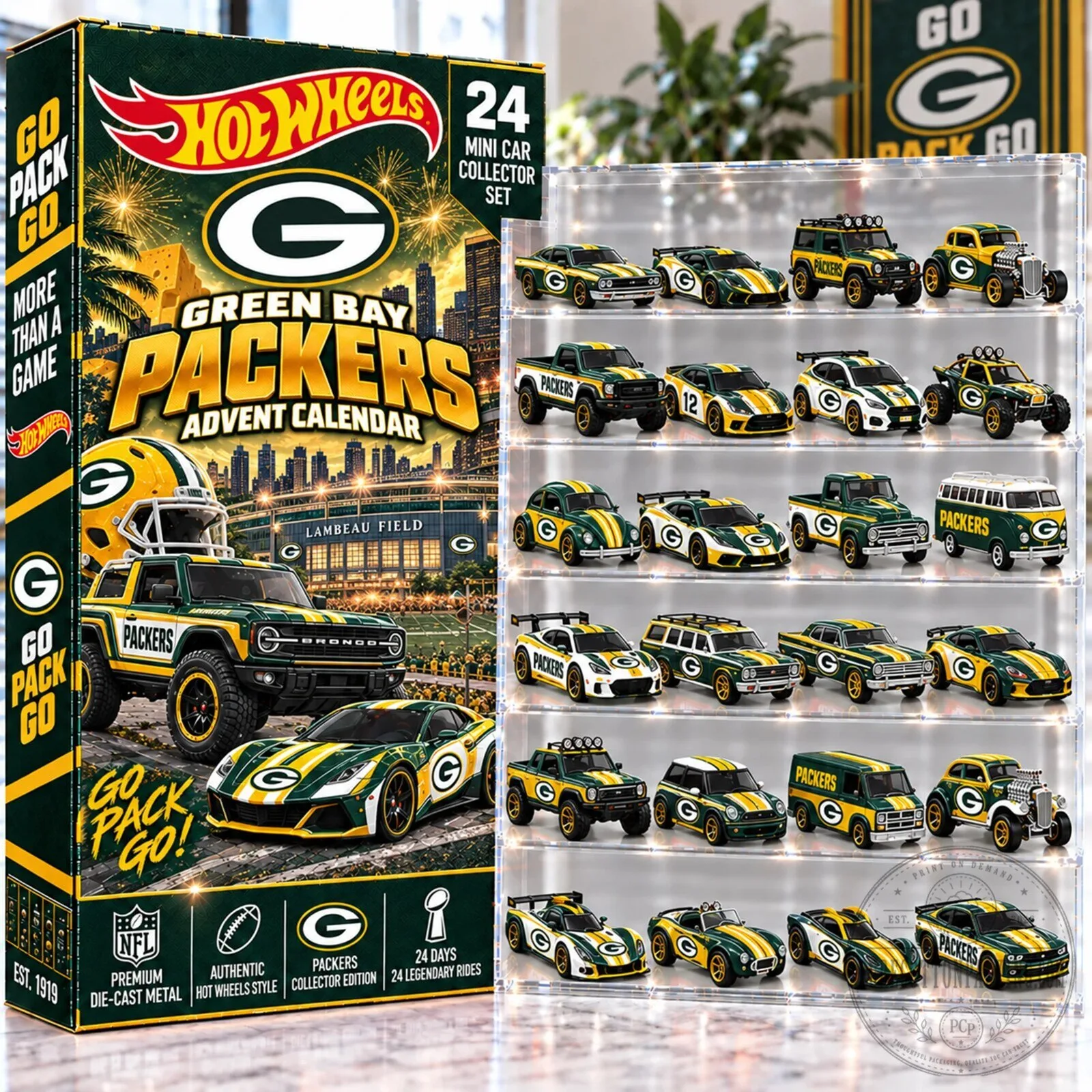 Green Bay Packers Hot Wheels 24 Mini Car Collector Set Advent Calendar 2D