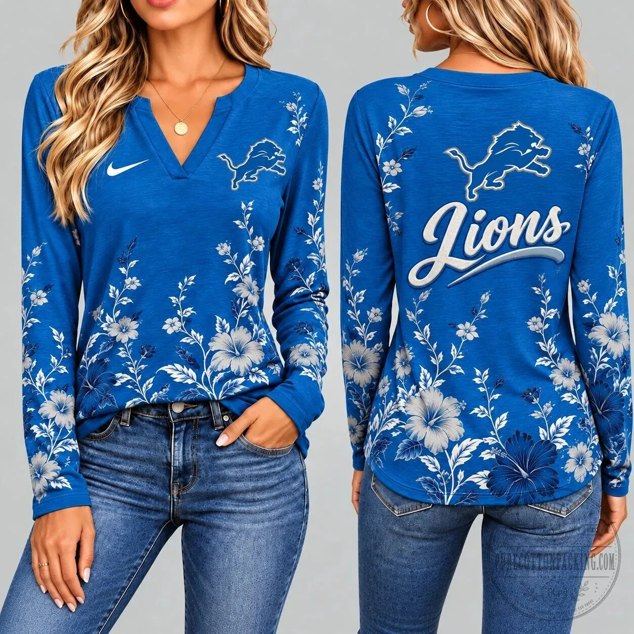Detroit Lions NFL Vintage Floral V-Neck Long Sleeve Shirt for Women
