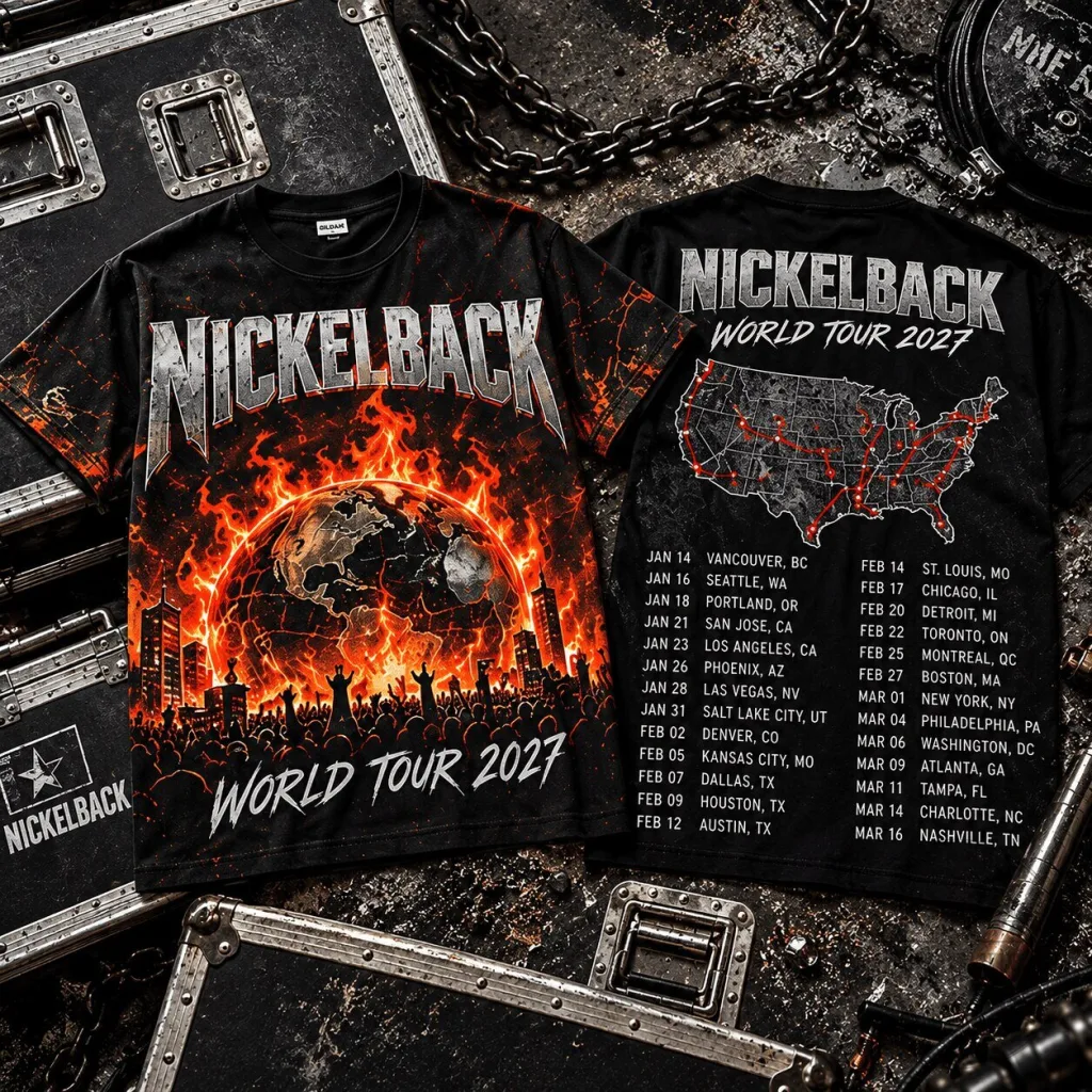 Nickelback World Tour 2027 Burning Earth Globe Fire City Skyline Concert Crowd T-Shirt Nickelback World Tour 2027 Burning Earth Globe Fire City Skyline Concert Crowd T-Shirt