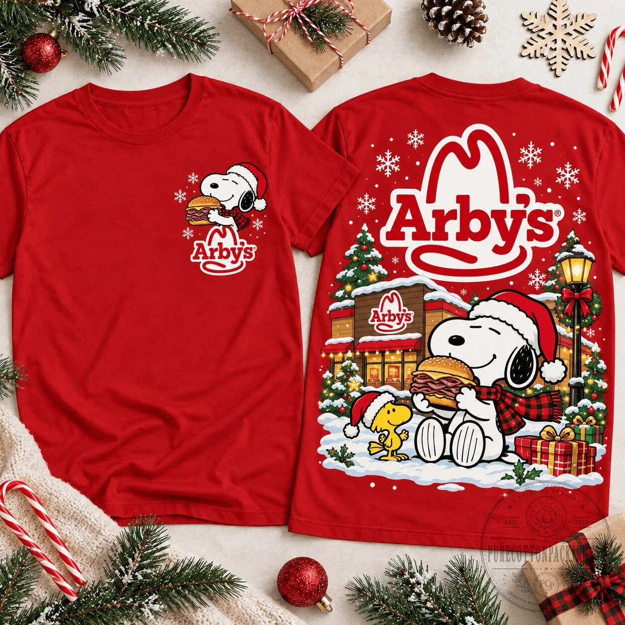 Snoopy And Woodstock Arby's Christmas Restaurant Scene T-Shirt