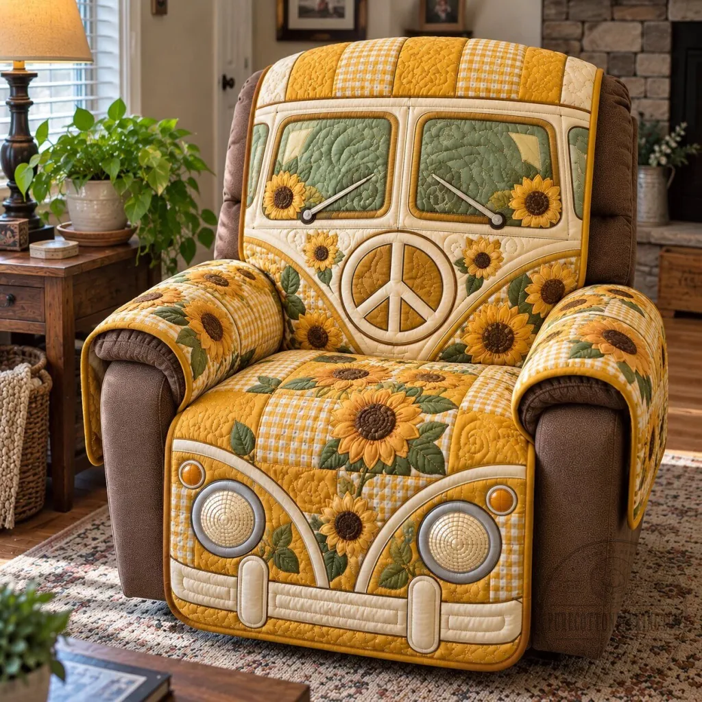 Hippie Volkswagen Bus Sunflower Peace Sign Quilted Recliner Cover Hippie Volkswagen Bus Sunflower Peace Sign Quilted Recliner Cover