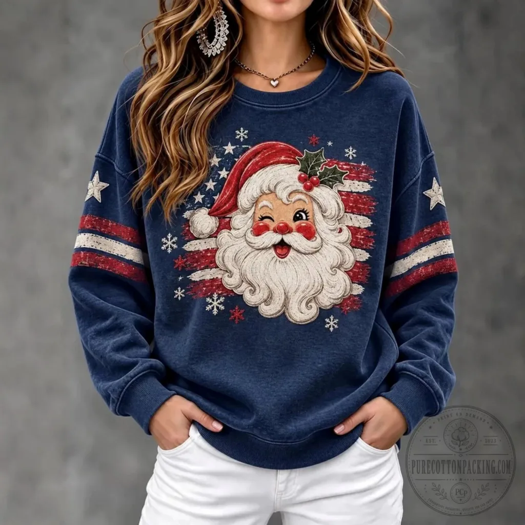 Patriotic Santa Claus Face American Flag Christmas Crewneck Sweatshirt Patriotic Santa Claus Face American Flag Christmas Crewneck Sweatshirt